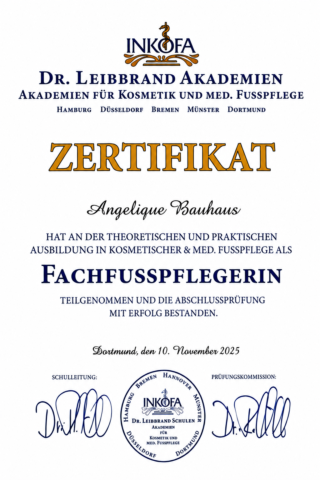 Zertifikat: Fachfußpflegerin – Dr. Leibbrand Akademien für Kosmetik & med. Fußpflege