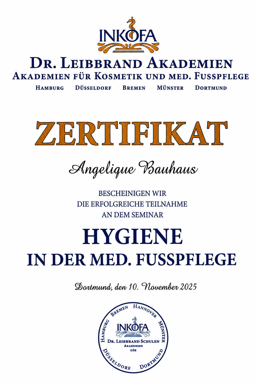 Zertifikat: Hygiene in der med. Fußpflege – Dr. Leibbrand Akademien für Kosmetik & med. Fußpflege